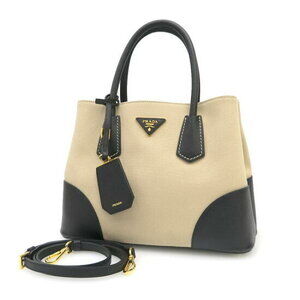 Prada Double handle canvas Saffiano leather tote bag beige black